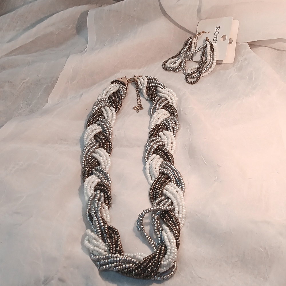 Gray and White Braided Necklace and Earrings Set